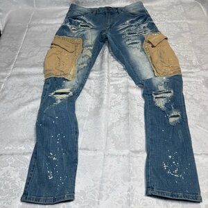 Distressed Blue and Tan Straight Men's Jeans